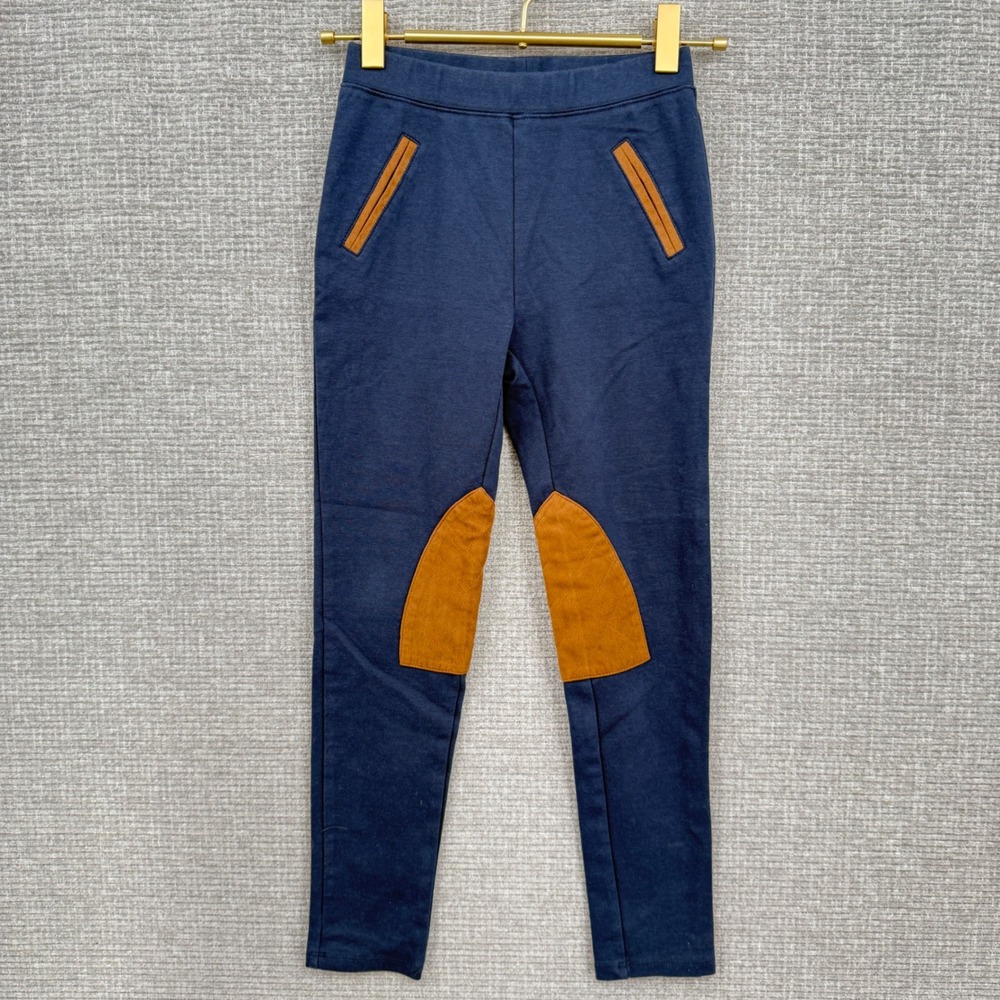 Hope & Henry Girls Navy Blue Riding Style Pants Tan Suede Knee Patch Sz 8 Preppy